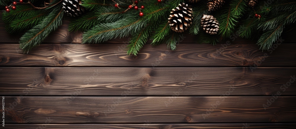 Aufkleber A festive New Year s background with spruce branches and ornaments on a wooden table creating a charming Christmas atmosphere A perfect copy space image for the holiday season