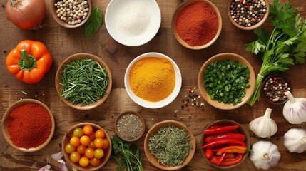 Fototapeta premium A variety of spices and fresh vegetables are arranged on a wooden table. The bowls contain herbs, spices, and peppers. Generative AI
