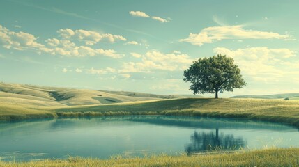 Obraz premium A peaceful countryside scene with rolling hills, a tranquil pond, and a lone tree standing against the horizon, embodying the tranquility and serenity of rural life.
