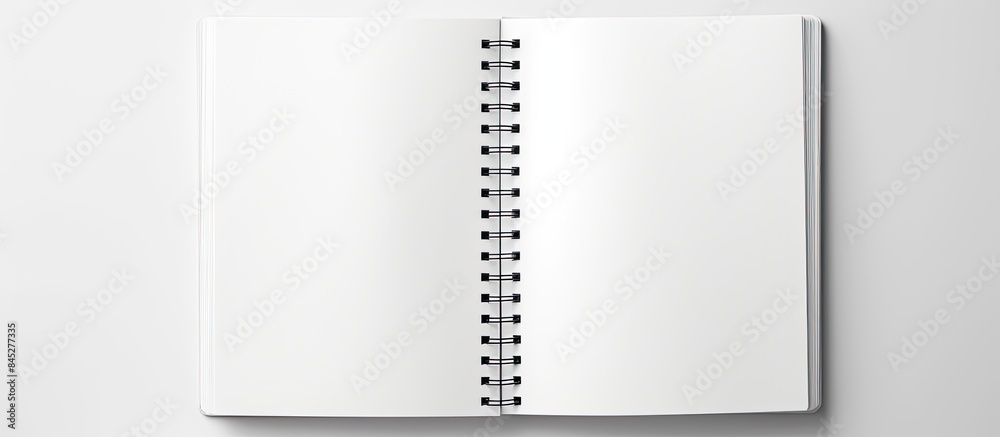 Poster top view of a blank spiral sketchbook with an empty open page captured in a real photo the white bac