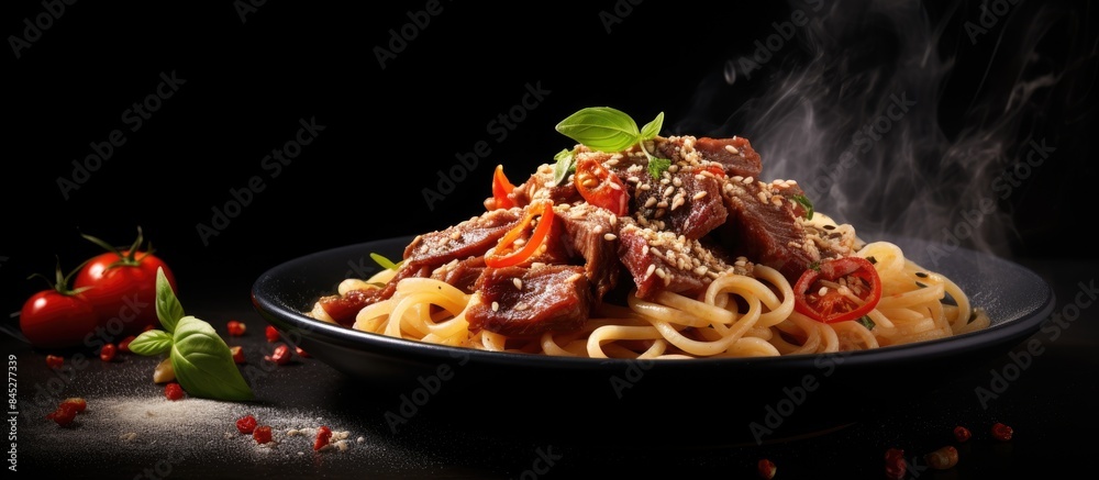 Aufkleber a delicious combination of tomato infused noodles cooked with tender beef garnished with sesame seed