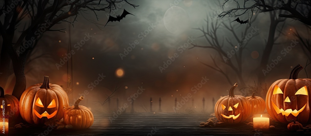 Poster Eerie Halloween atmosphere with a backdrop of an orange glowing bokeh and an assortment of spooky elements like pumpkins bats a cat and a ghost Perfect for a banner or adding text Copy space image