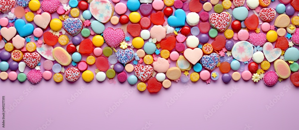 Poster A colorful assortment of sweet sprinkles in various shapes such as hearts stars moon flowers round balls and sticks set against a vibrant backdrop Ideal for use as a copy space image 176 characters