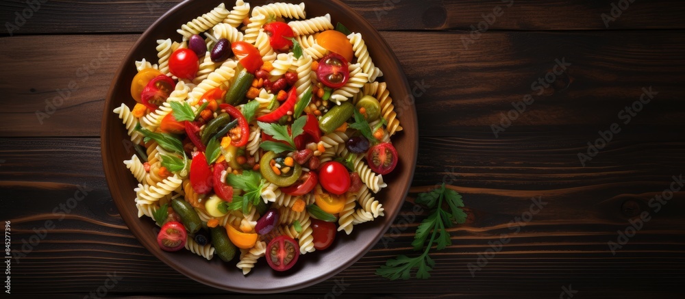 Poster A top view of a warm appetizer snack for the menu concept featuring a healthy pasta salad with vegetables The image showcases the food with a background and sufficient copy space
