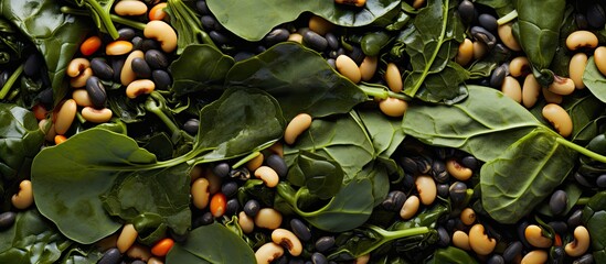 An aerial perspective of uncooked blackeye peas and collard greens on a lightly marbled surface providing ample space for copy or other images