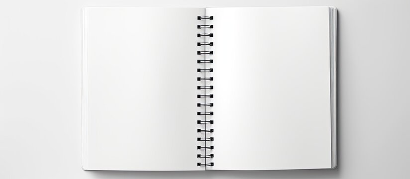 Top view of a blank spiral sketchbook with an empty open page captured in a real photo The white background allows for text placement and there is ample copy space This black and white panoramic mini