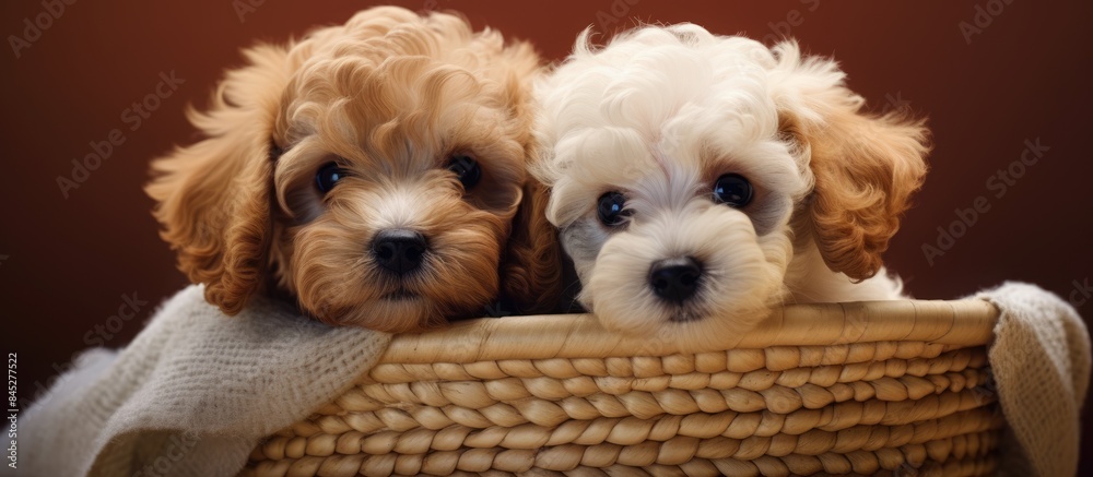 Poster adorable poodle puppy exploring the basket with a baby dog looking around in a playful and endearing