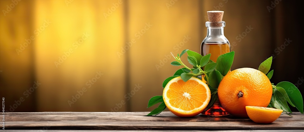 Poster Copy space image of a bottle of essential oil accompanied by fresh oranges and mint placed on a rustic wooden table leaving room for additional text