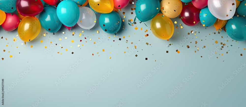 Aufkleber a festive flat lay style background featuring vibrant balloons presents and confetti perfect for bir