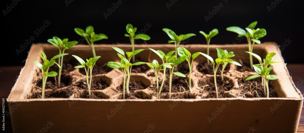 Poster copy space image of seedlings in a cardboard box representing the concept of home gardening and nurt