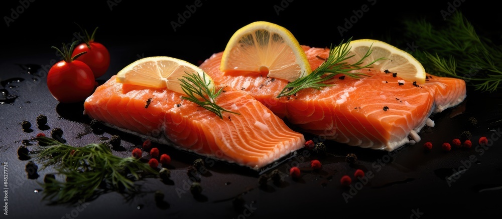 Poster a stunning copy space image of salmon slices on a dark backdrop adorned with lemon slices peppercorn