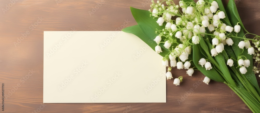 Poster top view of a vintage card placed on a table alongside a bouquet of lily of the valley a blank paper