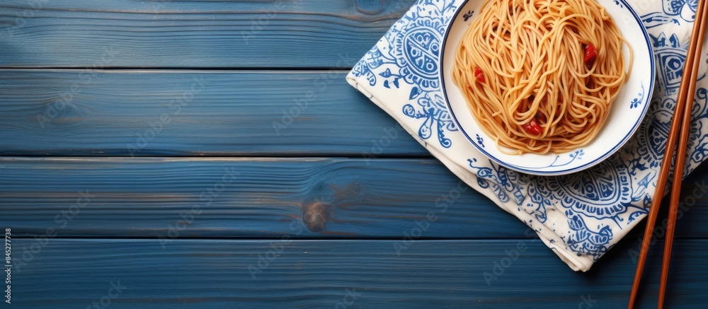 Poster a top down view of a plate of noodles on a wooden table accompanied by wooden chopsticks set against