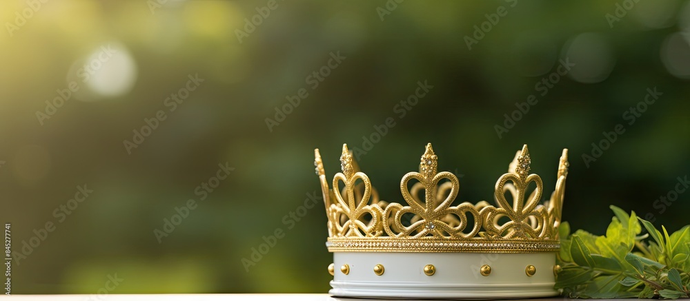 Poster a picture of a white piggy bank with a golden crown sits on a table that is divided against a greene