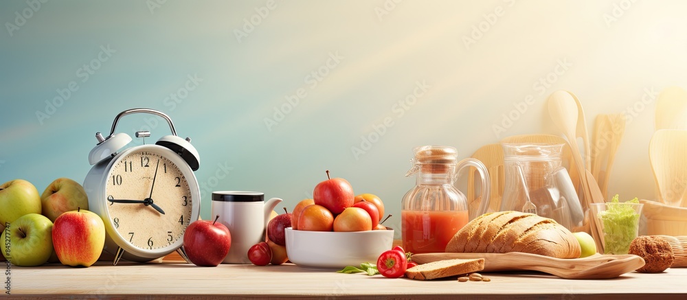 Poster The bright kitchen is filled with the essence of a morning routine a steaming cup of coffee the sound of an alarm clock fresh apples butter and a crusty baguette In the background a copy space image
