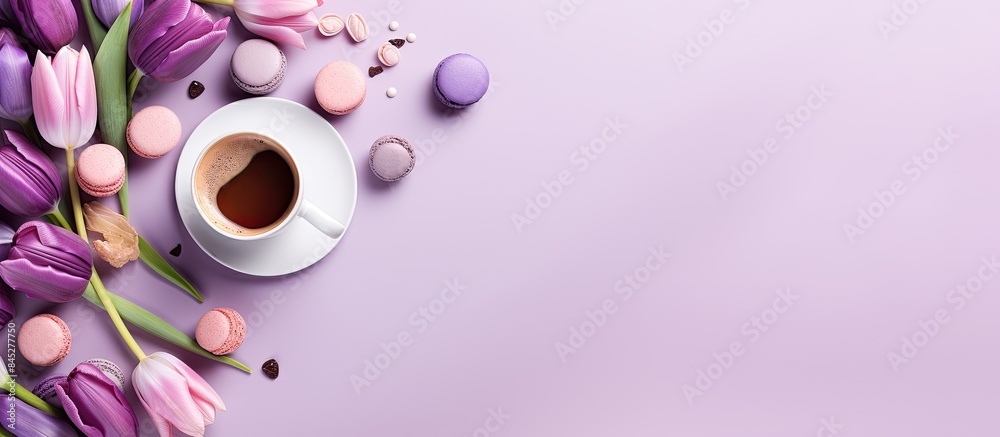 Poster Spring themed arrangement of purple tulips coffee and sweets on a violet backdrop Presented from a top down perspective with a flat layout allowing for the inclusion of copy space in the image