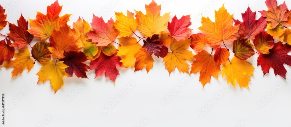 Poster an exquisite border frame formed by an assortment of vibrant autumn leaves isolated on a pristine wh