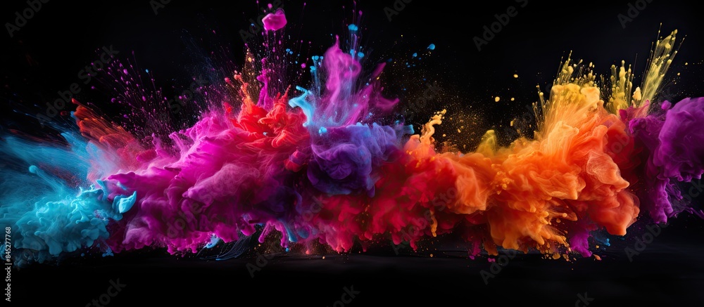Poster a multicolored powder explosion frozen in a captivating image showcasing abstract splatters on a bla