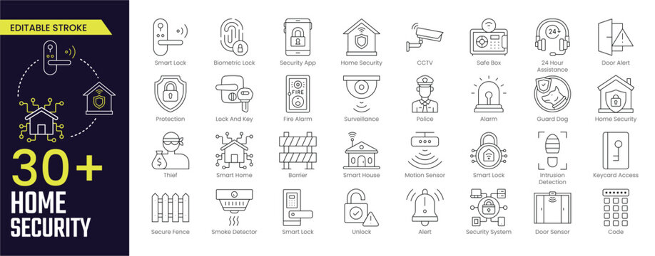 Home security Stroke icon collections. Containing alarm, surveillance, lock, CCTV, thief, key, intrusion detection, guard dog and more. Stroke icon collection Outline icon