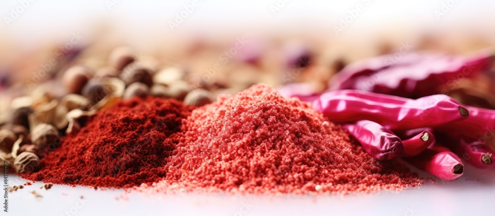 Poster a close up shot of ground pink and red pepper isolated on a white background with copy space for tex