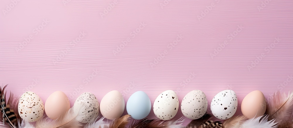 Poster Copy space image of various colored Easter eggs and quail eggs adorned with white feathers arranged on a soft pastel pink background Capturing the essence of the Easter holiday this top view flat lay