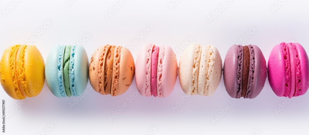 Poster top view of colorful almond cookies resembling biscuits macaron or macaroon placed on a white backgr