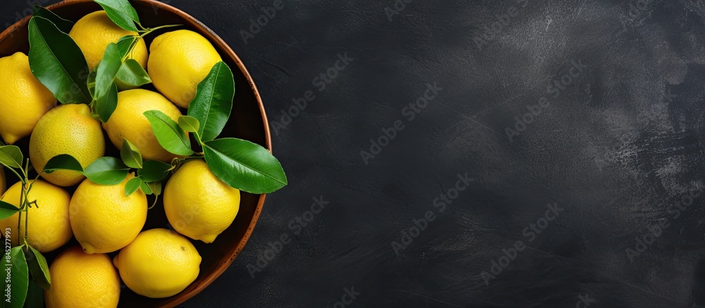 Poster A top down view of lemons arranged in a clay bowl on a dark backdrop creates a food background with plenty of room for additonal elements Copy space image