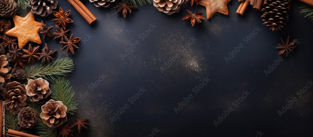 Aufkleber top view of a christmas themed background featuring fir branches pine cones christmas cookies cinnam