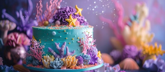 Birthday cake with a mermaid theme set against a vibrant purple backdrop. © Lasvu