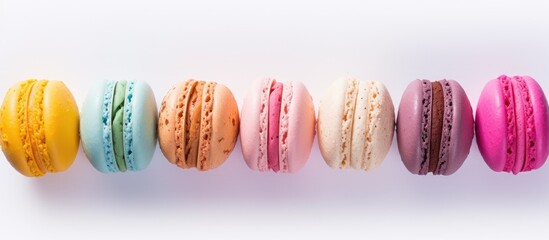 Top view of colorful almond cookies resembling biscuits macaron or macaroon placed on a white background A diary is present providing space to write down a recipe. Creative banner. Copyspace image