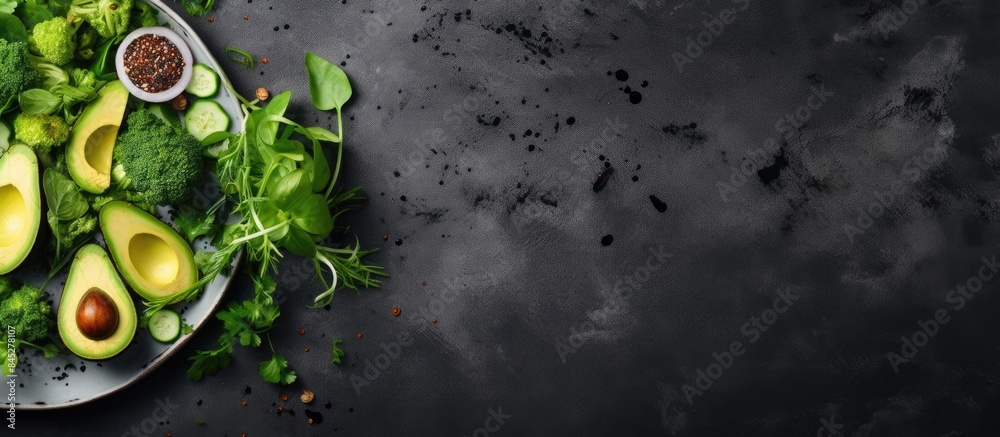 Poster A top down view of a green vegetable salad with cucumber green pea and avocado on a rustic plate placed on a background of grey slate stone or concrete The image includes empty space for text
