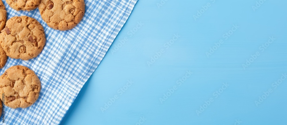 Poster top view of oatmeal cookies with a blue background accompanied by a white napkin represents a concep