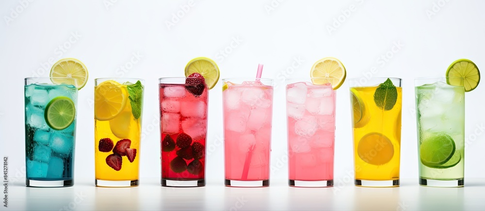 Aufkleber an assortment of lemonades in green blue and pink with strawberry lime and lemon they are displayed 