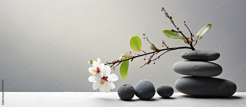 Poster zen still life featuring a stack of black and white stones accompanied by a catkin twig the composit