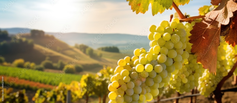Poster a close up of fresh white grapes growing on a grapevine in autumn set against a panoramic background
