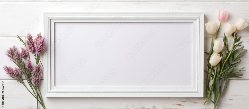 Aufkleber A mockup picture frame made of white wooden material arranged in a horizontal orientation with decorative elements around it providing copy space for an image