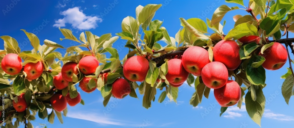 Canvas Prints Ripe red Fuji apples hanging from a branch with green leaves ready for harvesting in an orchard garden Copy space image against a blue sky backdrop in Catalonia