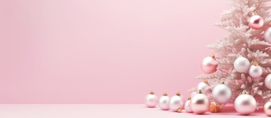 A minimal Christmas themed flat lay composition featuring pink decorations on a pastel pink background The image has a lot of empty space for text or other elements. Creative banner. Copyspace image