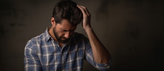 Close up portrait of a young guy in a shirt and jeans in evident discomfort as he touches his head seemingly suffering from a headache or illness Copy space image