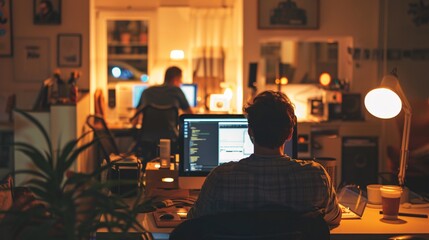 A team working late into the night in a dimly lit tech startup office