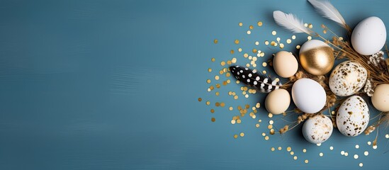 A festive Easter greeting card with a background featuring white and golden eggs quail eggs and feathers arranged on a blue table The top view allows for copy space and the minimal Easter card concep