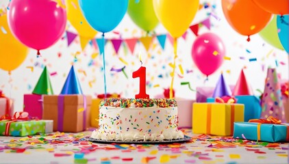 Festive celebration of the first birthday with balloons and confetti
