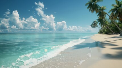 Fototapeta premium A peaceful, secluded beach with crystal clear waters and palm trees gently swaying in the breeze, offering a serene and tranquil escape from the hustle and bustle of everyday life.