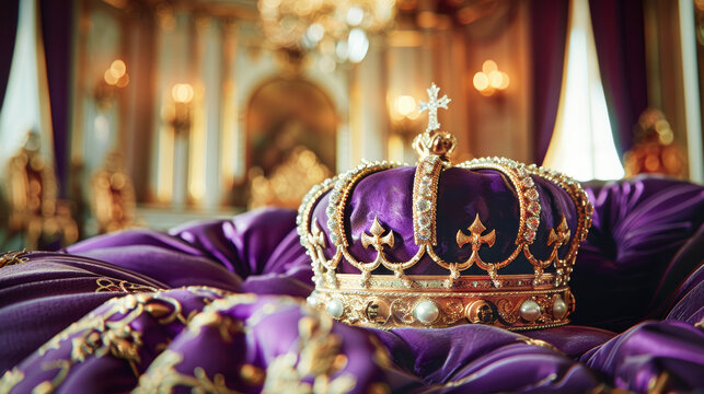 A king's crown on a purple vevet pillow