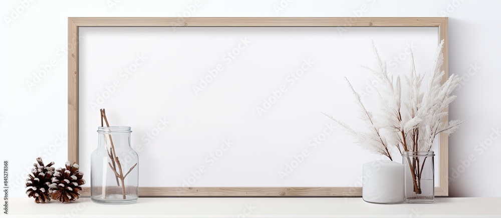 Poster copy space image depicts a winter themed composition featuring a wooden shelf for decoration display