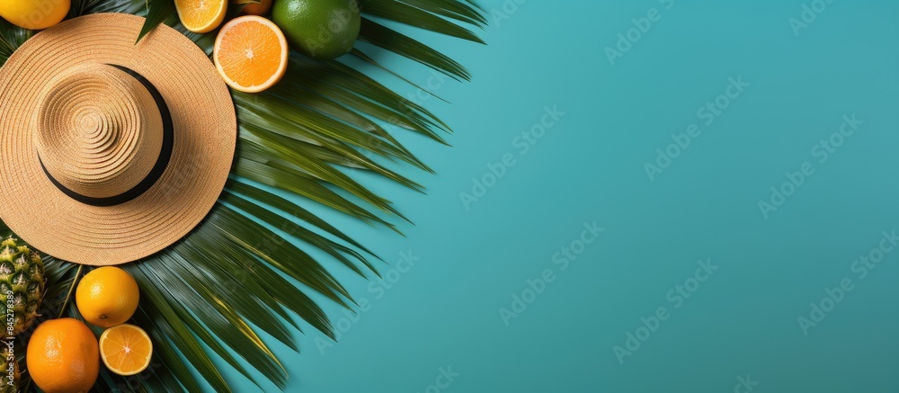 Aufkleber A vibrant summer scene with fruits a hat and a tropical palm leaf on a colorful background The image captures the essence of summer with a flat lay perspective providing a top view and plenty of copy