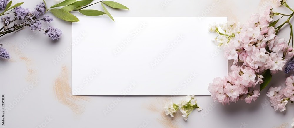 Poster top view of a beautifully decorated white invitation card mockup with a minimal and elegant style ad