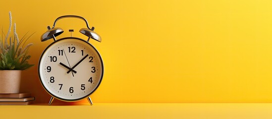 A yellow background showcases a wall clock alongside a time card displaying crucial details such as attendance clocking out overtime name year month and subtotal. Creative banner. Copyspace image