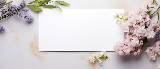 Top view of a beautifully decorated white invitation card mockup with a minimal and elegant style adorned with fresh flowers The image showcases a stunning floral template with plenty of copy space