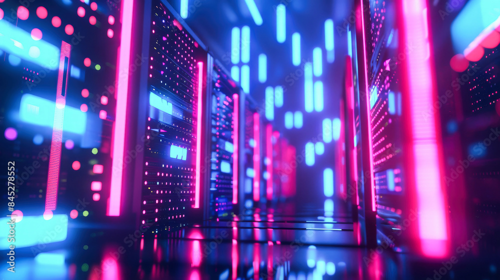 Poster a row of computer servers in a data center. concept of cyberspace, communication and technology.